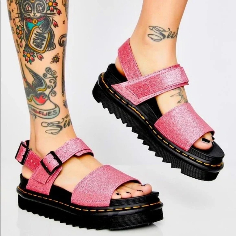 Doc Marten Voss Fine Glitter Pink Sandals, size 5